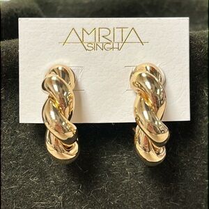Brand New Amrita Singh Gold Tone Chunky Corded Rope Ribbed Twist Hoop Earrings